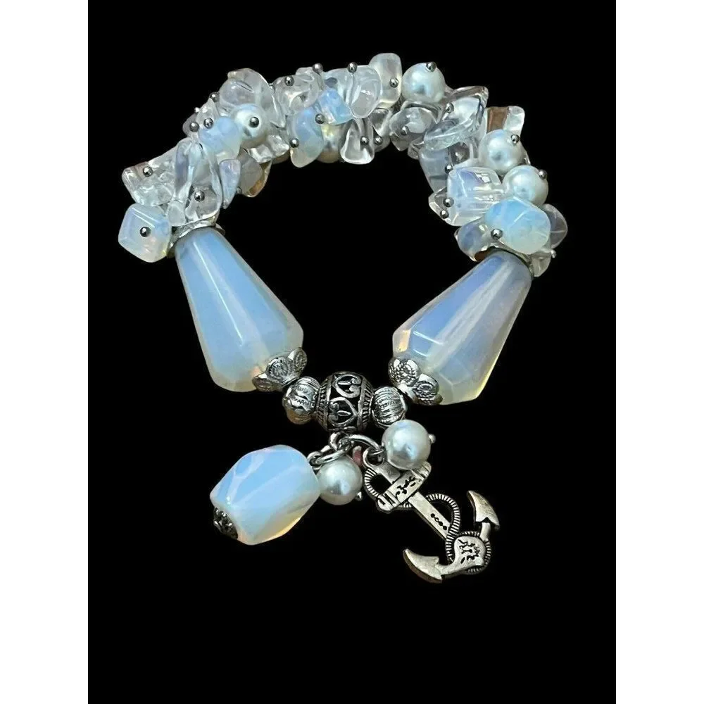 Silver Tone Anchor Charm Bracelet Nautical Theme Stretch One Size Pearl White